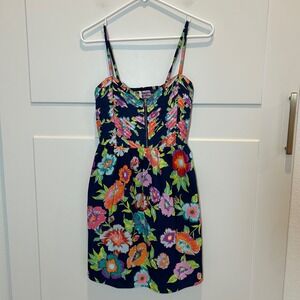 ROXY Women's Navy Floral Print Smocked Bust Zipper Dress Small Hawaiian Island